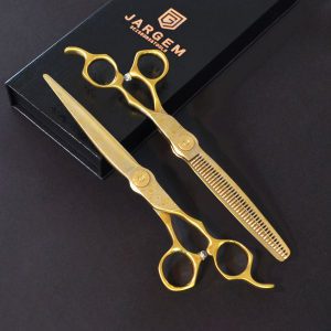 Zestaw nożyczek proste i degażowe 7" złote ze zdobieniem