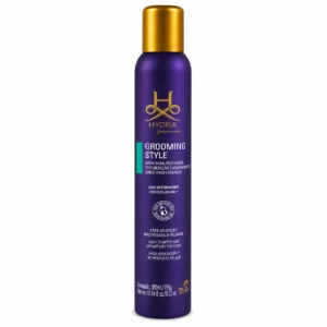 Profesjonalny lakier Hydra Groomers Grooming Style do stylizacji sierści psa na wystawy. Naturalne utrwalenie, brak sklejenia, idealny dla hodowców.